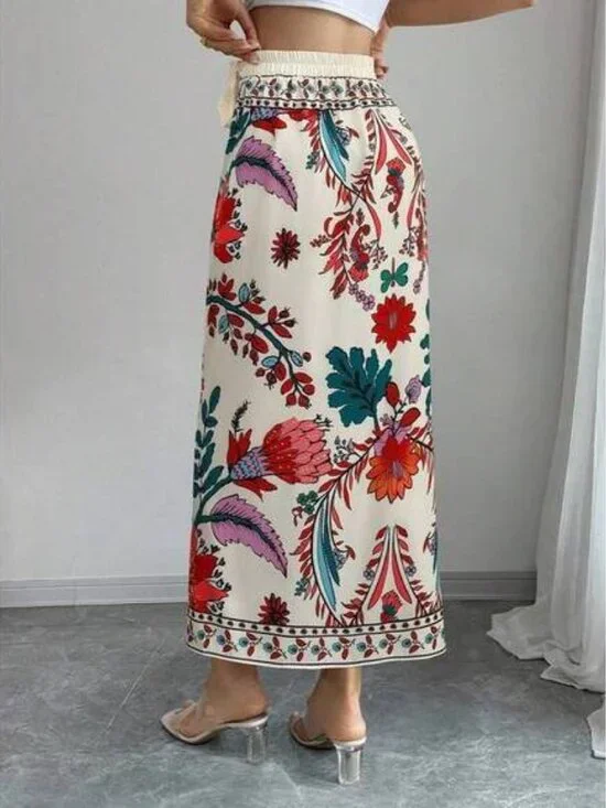 Elenzga Women's Summer Vacation Floral Print Wrap Tie Waist Skirt - Picture 2 of 4